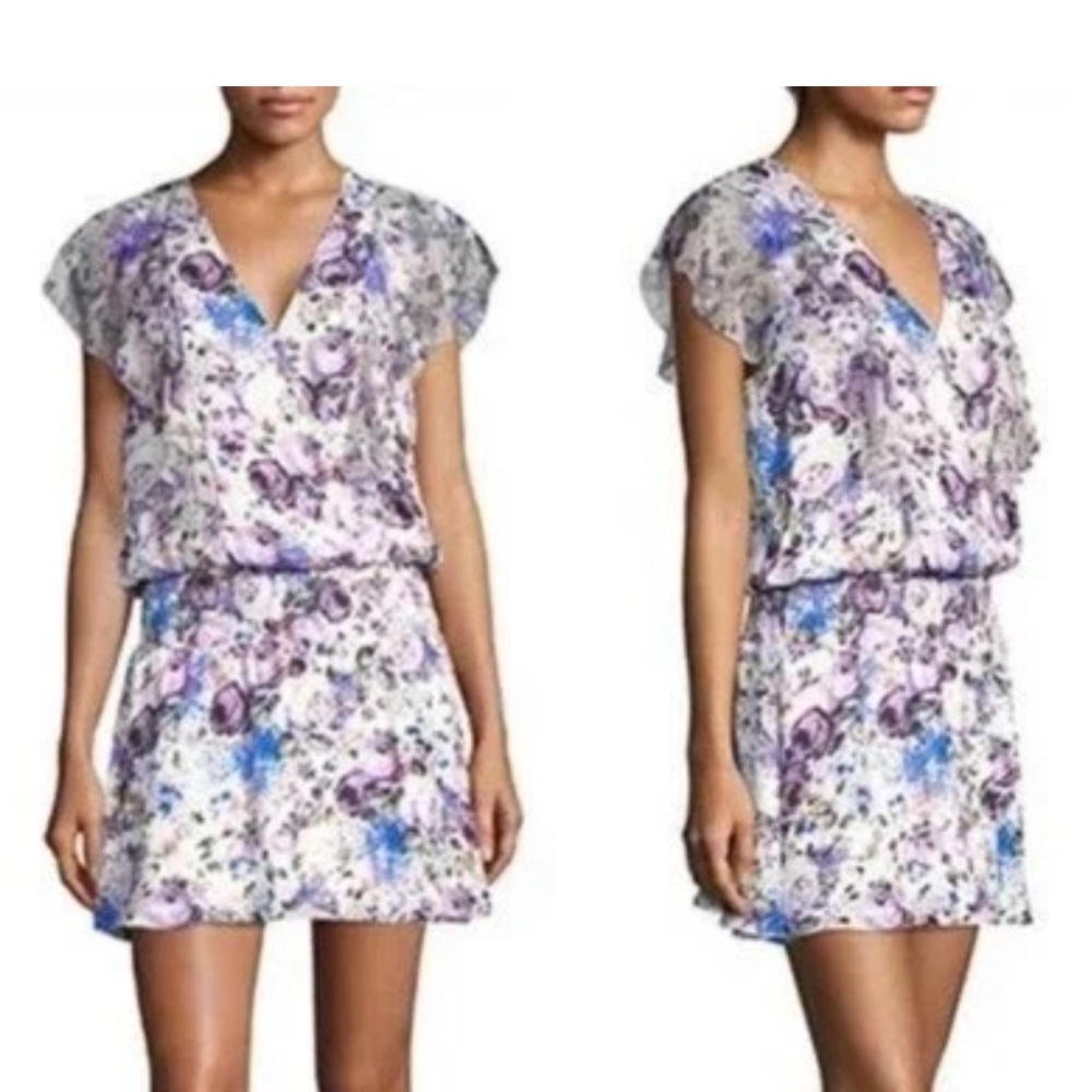 Parker Gabriella Floral 100% Silk Ruffle Mini Dress in White Tahlia XS